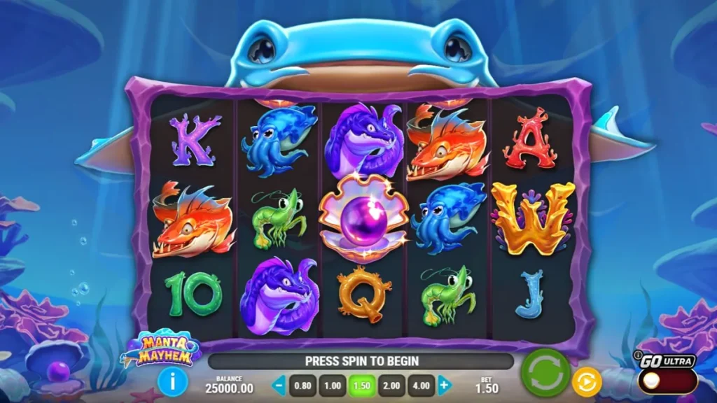 Tampilan visual slot Manta Mayhem dengan latar belakang terumbu karang yang cerah