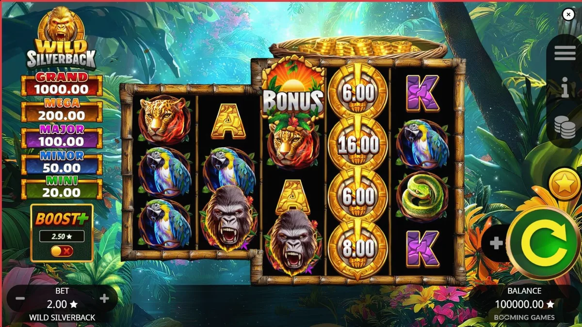 Pemandangan hutan tropis yang rimbun dengan simbol gorilla dalam slot Wild Silverback
