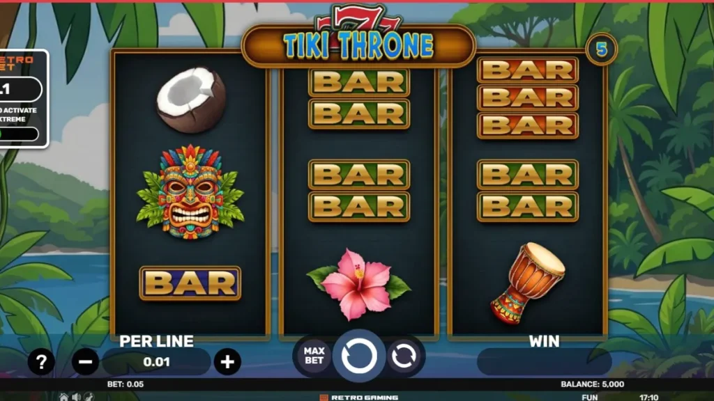 Tampilan visual slot 777 Tiki Throne dengan tema pulau tropis dan simbol buah klasik.