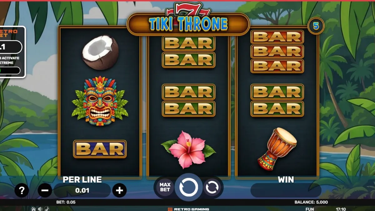 Tampilan visual slot 777 Tiki Throne dengan tema pulau tropis dan simbol buah klasik.